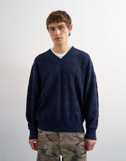 Topman relaxed fit knit v-neck sweater with texture in navy, 4 of 5