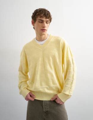 Topman Relaxed Fit Knit V-neck Sweater With Texture In Yellow