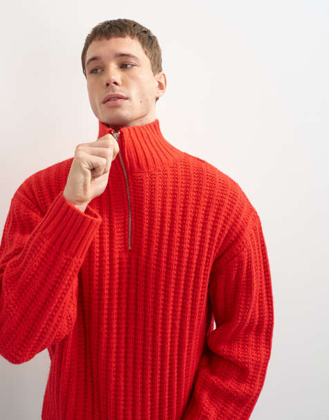 Topman relaxed fit knitted 1/4 zip funnel neck knitted jumper in red - view 1