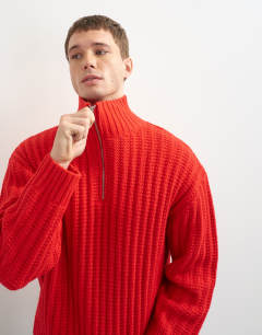 Relaxed fit knitted 1/4 zip funnel neck knitted jumper in red