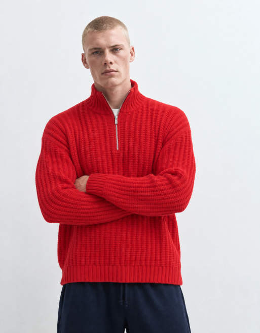 Topman relaxed fit knitted 1/4 zip funnel neck knitted jumper in red, 10 of 10