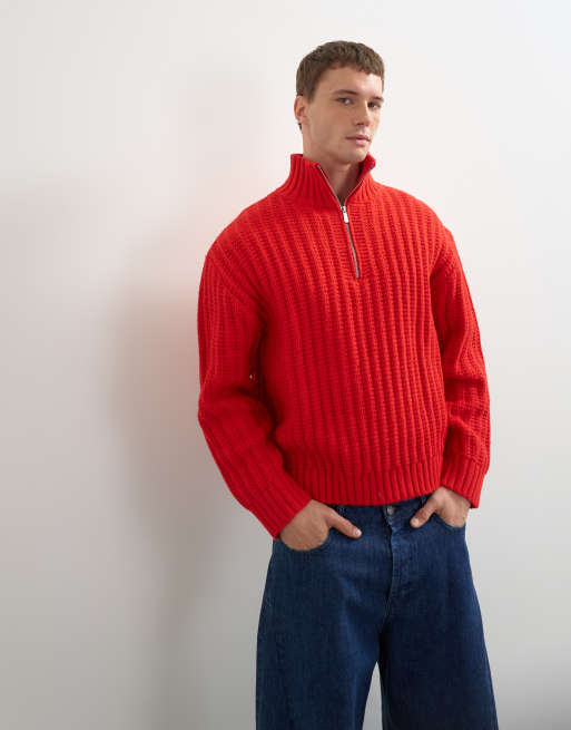 Topman relaxed fit knitted 1/4 zip funnel neck knitted jumper in red, 3 of 10