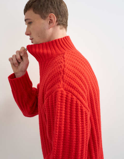 Topman relaxed fit knitted 1/4 zip funnel neck knitted jumper in red, 4 of 10