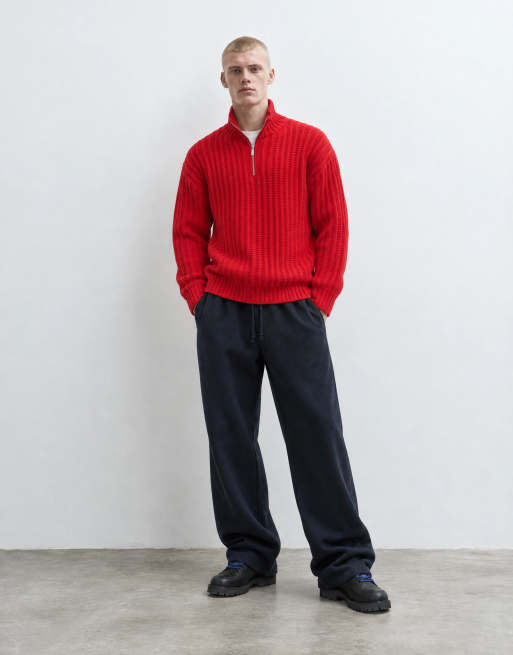 Topman relaxed fit knitted 1/4 zip funnel neck knitted jumper in red, 6 of 10