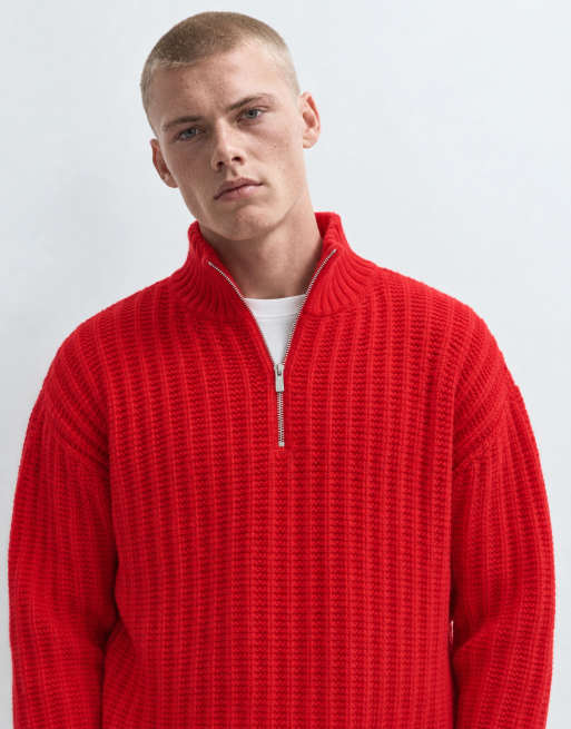 Topman relaxed fit knitted 1/4 zip funnel neck knitted jumper in red, 9 of 10