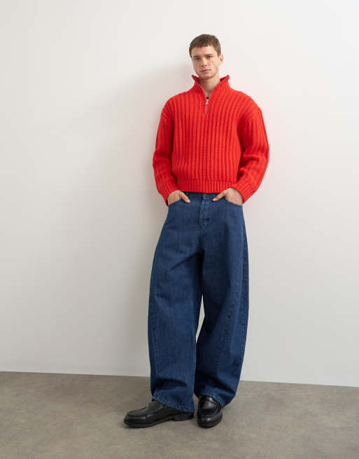 Topman relaxed fit knitted 1/4 zip funnel neck knitted sweater in red, 2 of 10