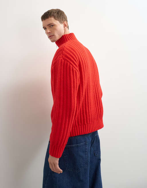 Topman relaxed fit knitted 1/4 zip funnel neck knitted sweater in red, 5 of 10