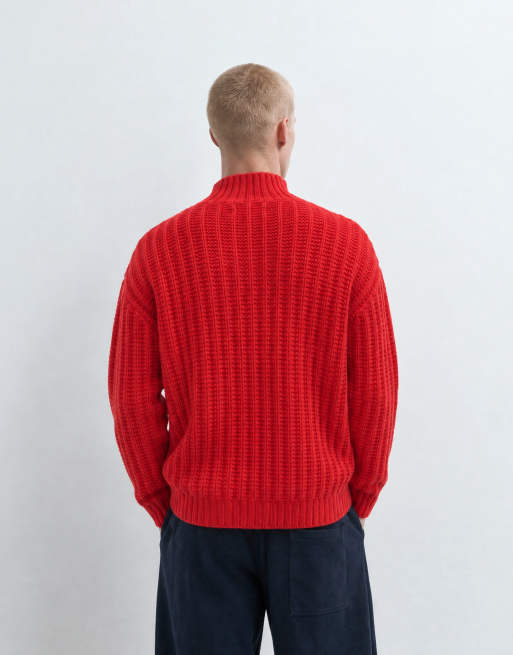 Topman relaxed fit knitted 1/4 zip funnel neck knitted sweater in red, 8 of 10