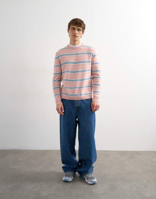Topman relaxed fit knitted brushed stripe jumper in pink, 2 of 5