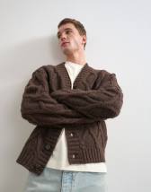 Topman relaxed fit knitted cable cardigan in brown