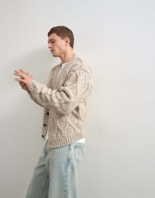Topman relaxed fit knitted cable cardigan in oatmeal, 4 of 9