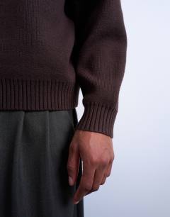 Model wearing Relaxed fit knitted crew neck jumper in brown