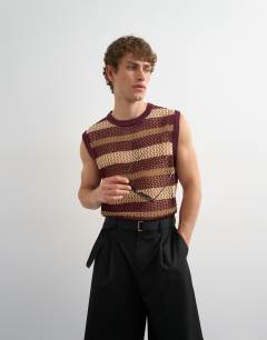 Relaxed fit knitted crochet stripe tank in burgundy