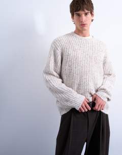 Relaxed fit knitted jumper with nep in ecru