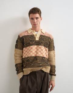 Model wearing Relaxed fit knitted polo with patchwork design in brown