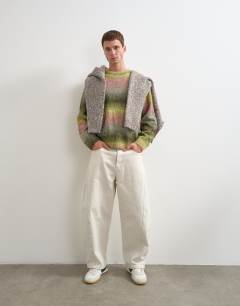 Model wearing Relaxed fit knitted space dye knitted jumper with check design in green