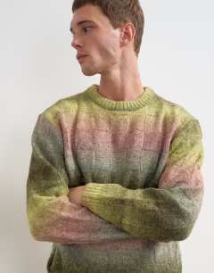 Model wearing Relaxed fit knitted space dye knitted jumper with check design in green