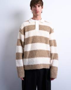 Model wearing Relaxed fit knitted stripe polo jumper in brown