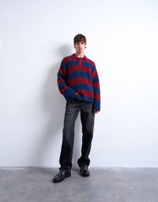 Topman Men's Burgundy Relaxed Fit Knitted Stripe Polo Jumper In -Red