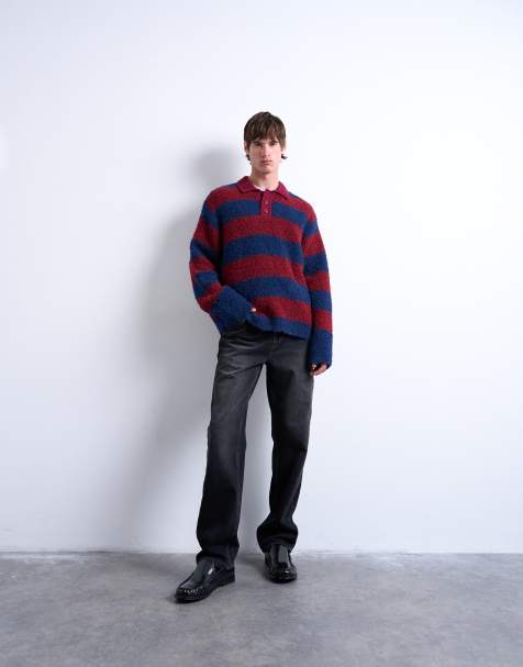 Topman relaxed fit knitted stripe polo jumper in burgundy - view 1