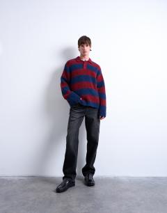 Relaxed fit knitted stripe polo jumper in burgundy
