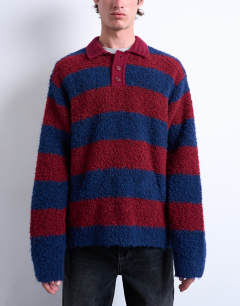 Model wearing Relaxed fit knitted stripe polo jumper in burgundy