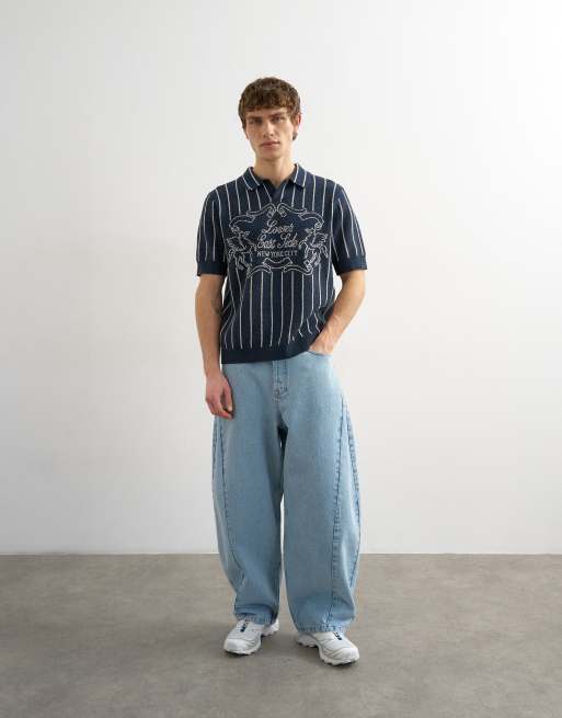Topman relaxed fit knitted stripe polo shirt with east side jacquard in navy, 2 of 5