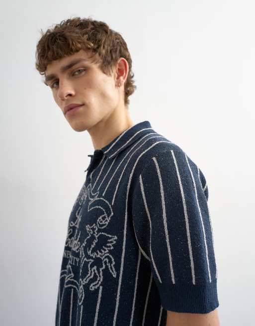 Topman relaxed fit knitted stripe polo shirt with east side jacquard in navy, 4 of 5