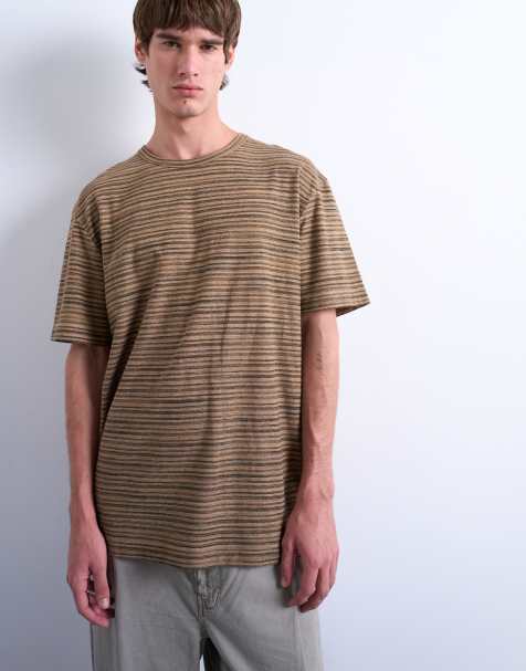 Topman relaxed fit knitted stripe t-shirt in brown - view 1
