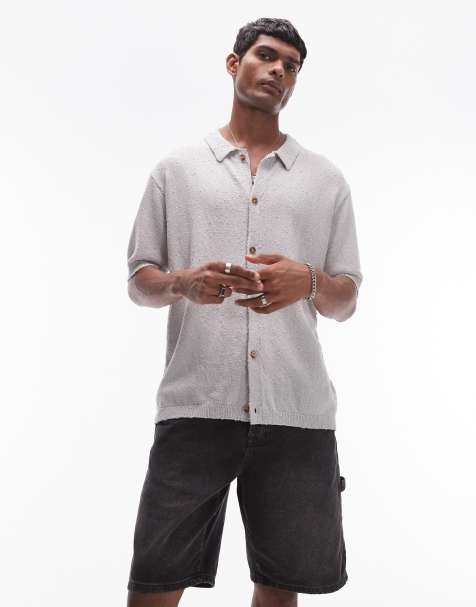 Topman relaxed fit knitted textured button through shirt in grey - view 1