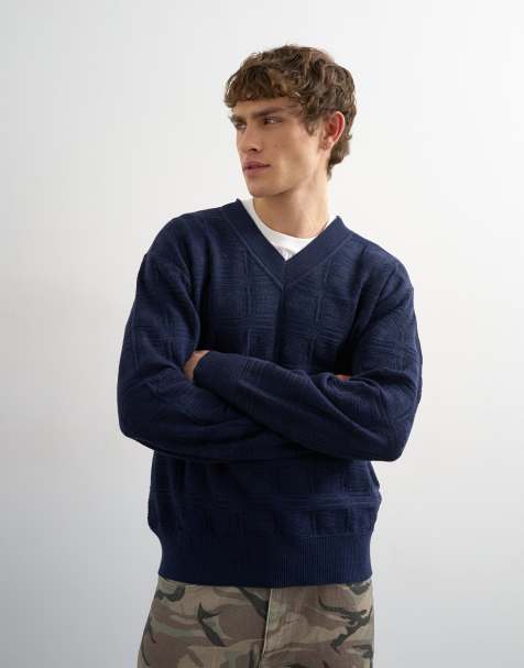 Topman relaxed fit knitted v-neck jumper with texture in navy