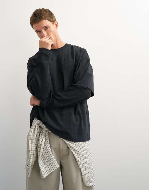 Topman relaxed fit lagdelt T-shirt med ærmer i vaffelstruktur i vasket sort, 3 af 7