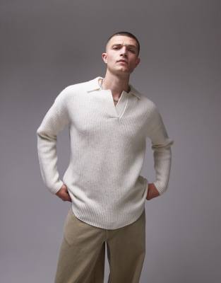 Topman Topman relaxed fit lambswool crew jumper in ecru-White