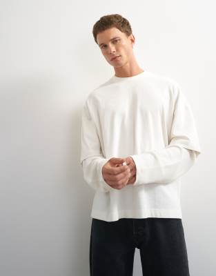 Topman Relaxed Fit Layered T-shirt With Waffle Sleeve In White