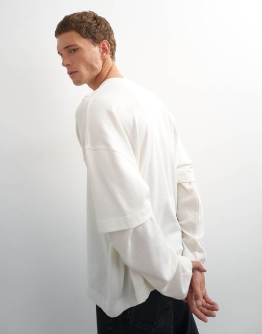 Topman relaxed fit layered t-shirt with waffle sleeve in ecru, 3 of 7