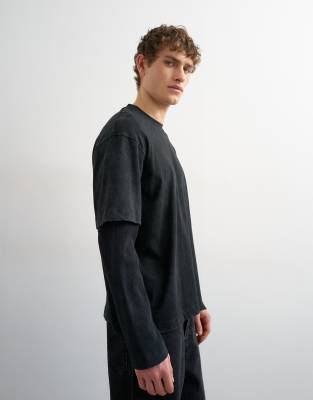Topman Relaxed Fit Layered T-shirt With Waffle Sleeves In Black