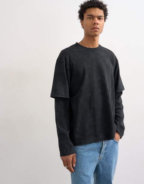 Topman relaxed fit layered T-shirt with waffle sleeves in washed black - view 1