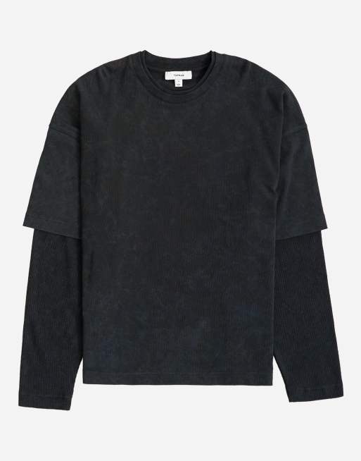 Topman relaxed fit layered T-shirt with waffle sleeves in washed black, 6 of 7
