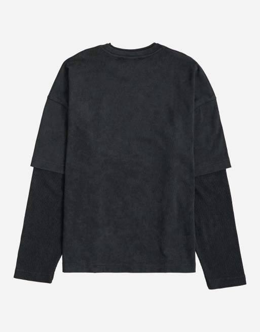 Topman relaxed fit layered T-shirt with waffle sleeves in washed black, 7 of 7