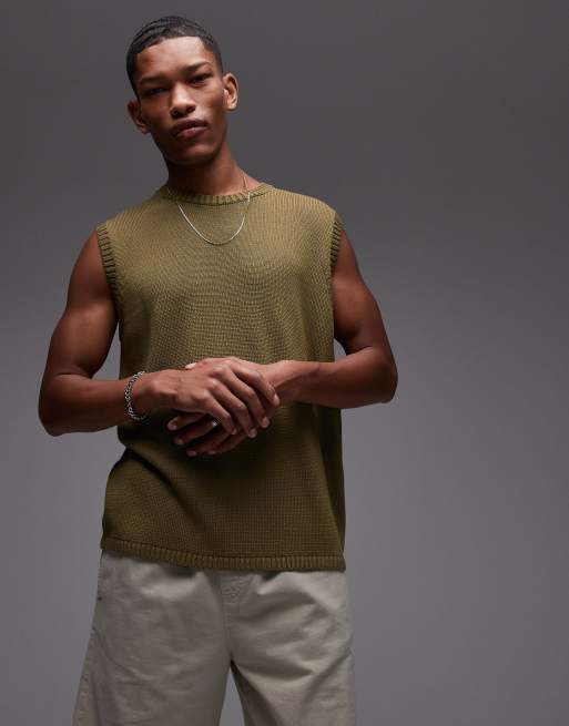 Topman relaxed fit lightweight knitted singlet in khaki