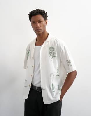 Relaxed fit linen blend shirt with all over placement embroidery in ecru