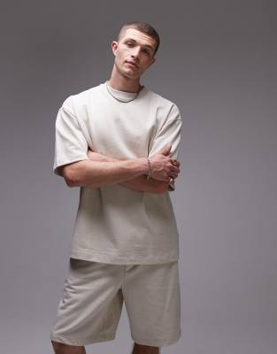 Topman Topman relaxed fit linen blend short sleeve sweatshirt in stone-Neutral