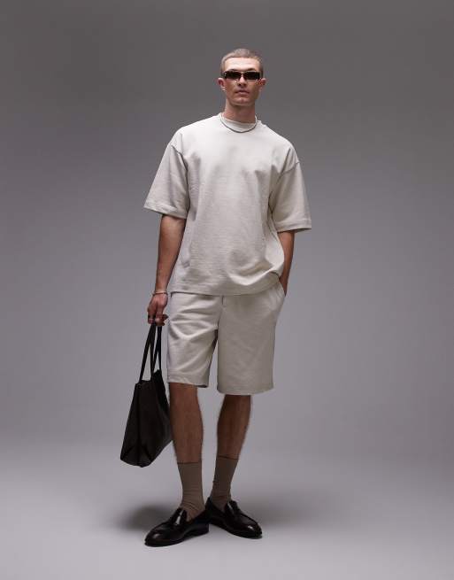 Topman relaxed fit linen blend short sleeve sweatshirt in stone, 2 of 4