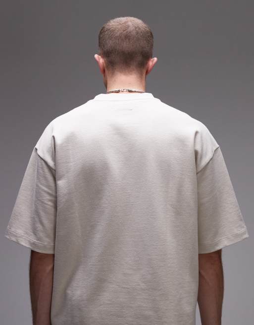Topman relaxed fit linen blend short sleeve sweatshirt in stone, 3 of 4