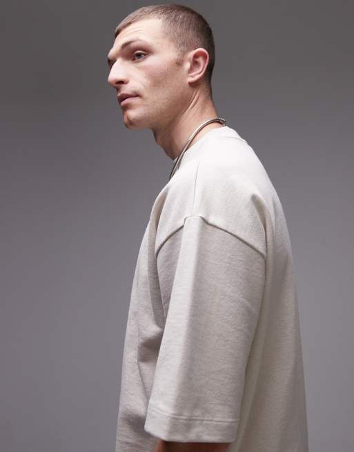 Topman relaxed fit linen blend short sleeve sweatshirt in stone, 4 of 4