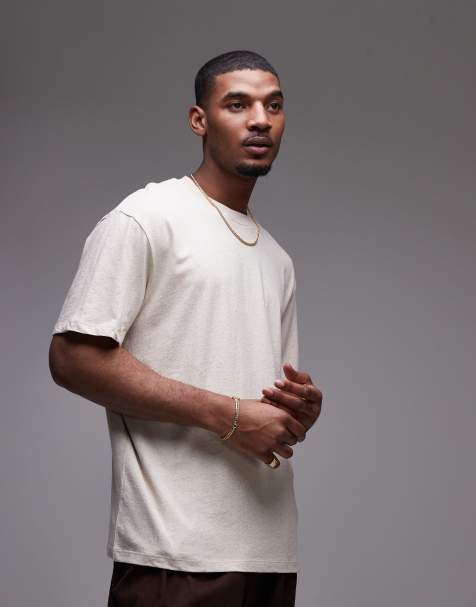 Topman relaxed fit linen-blend t-shirt in stone - view 1