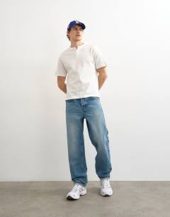 Model wearing Relaxed fit linen mix henley t-shirt in ecru