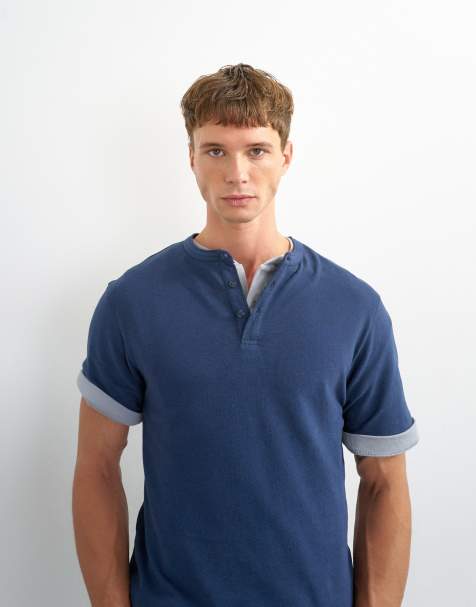 Topman relaxed fit linen mix henley t-shirt in navy - view 1