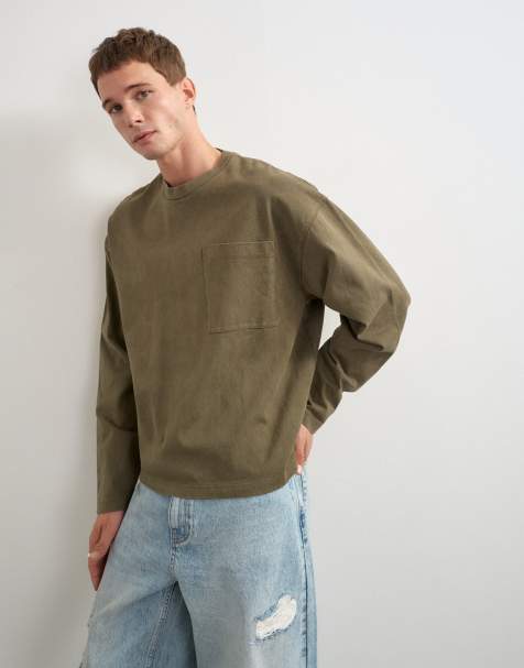Topman relaxed fit long sleeve heavyweight t-shirt in washed khaki - view 1