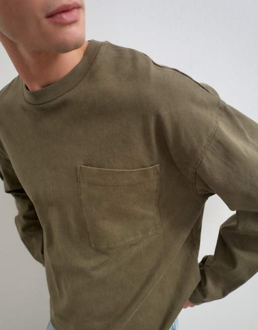 Topman relaxed fit long sleeve heavyweight t-shirt in washed khaki, 3 of 5